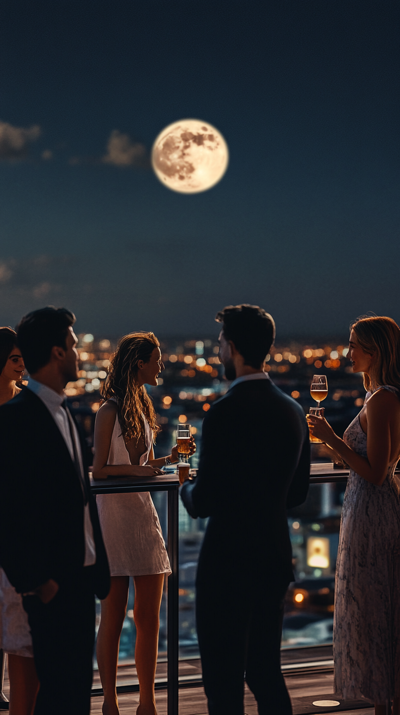 Luxury rooftop party with young adults, cityscape view, moonlit night.