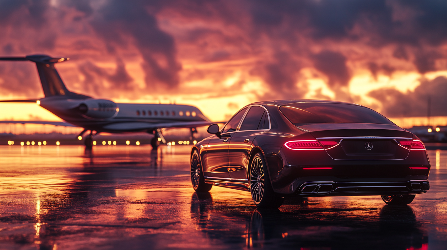 Luxury sedan in foreground, private jet in background.