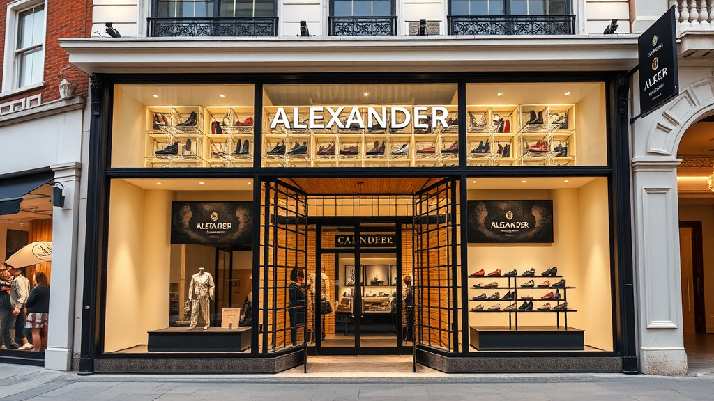 Luxury shoe store called Alexander on London's main street.