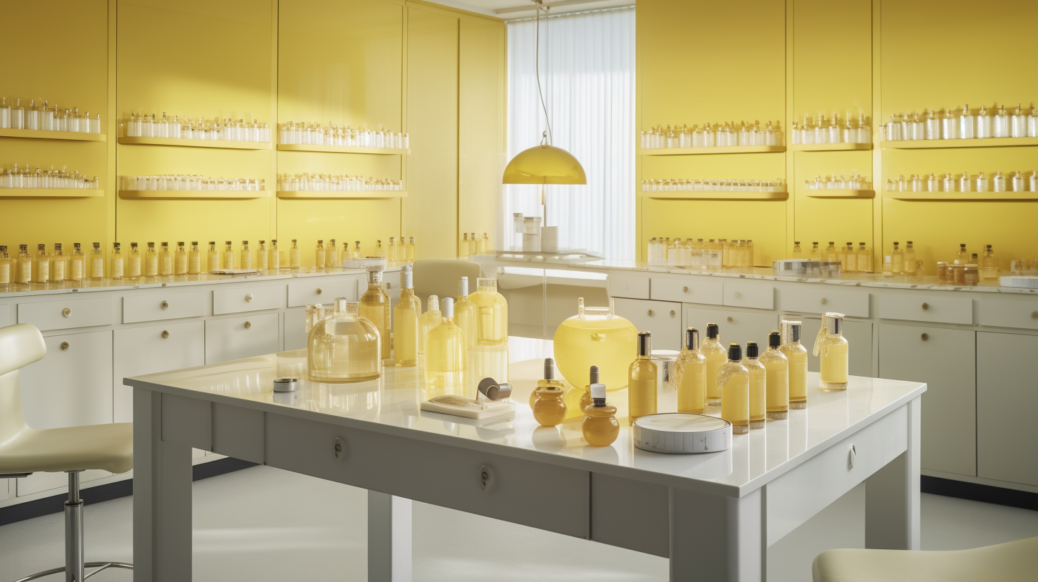 Luxury skincare lab with yellow décor and beakers.