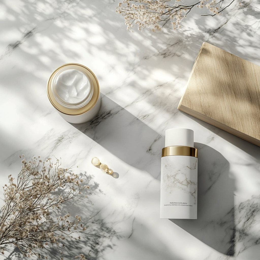 Luxury skincare product with gold on marble counter