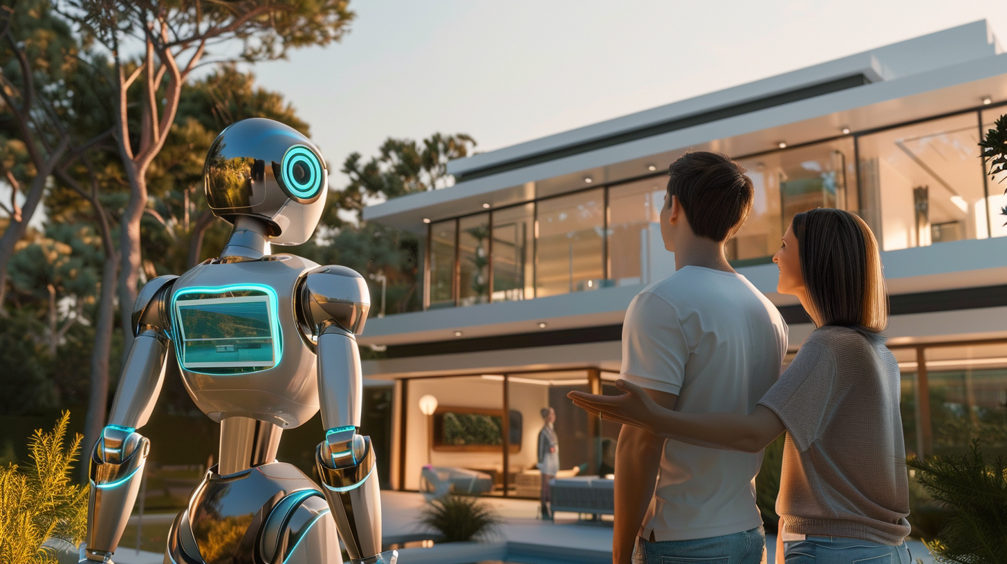 Luxury villa tour with futuristic AI robot host.