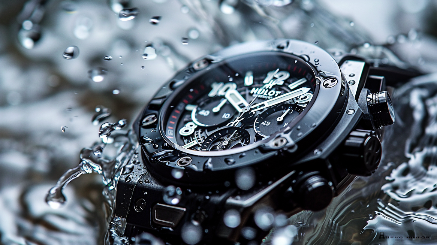 Luxury watch dissolves into water droplets dramatically.