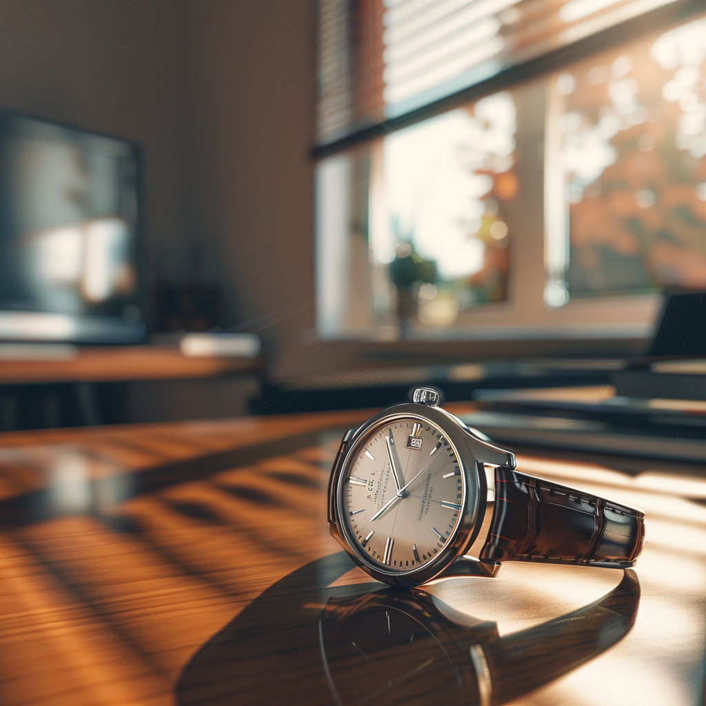 Luxury wristwatch on desk with elegant lighting, shadows. Canon EOS.