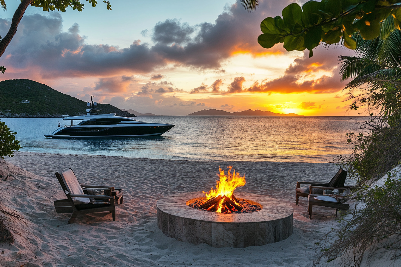 Luxury yacht anchored in golden hour light.