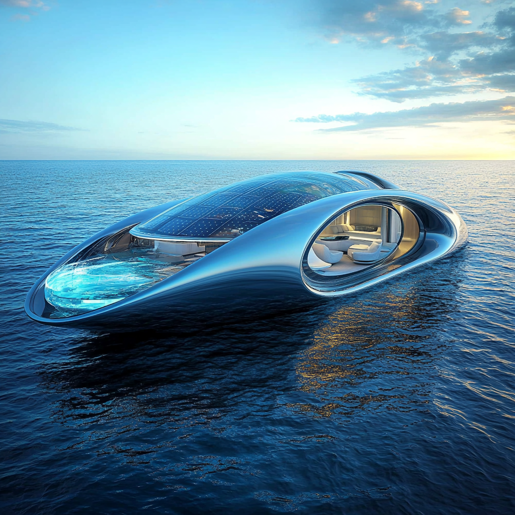 Luxury yacht in 2040 on blue waters with pool