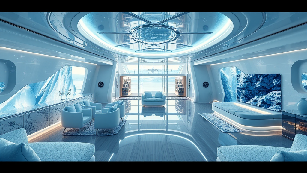 Luxury yacht inspired by icy landscapes with shimmering whites.