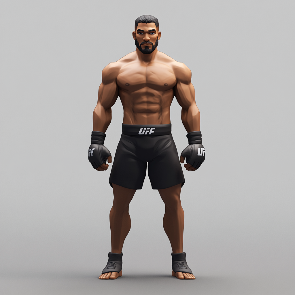 MMA fighter in black shorts and gloves, stylized graphics.