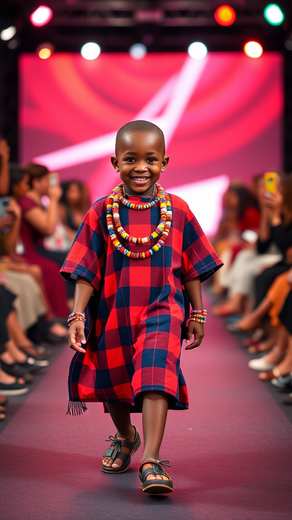 Maasai Boy Struts Confidently in Vibrant Traditional Attire.