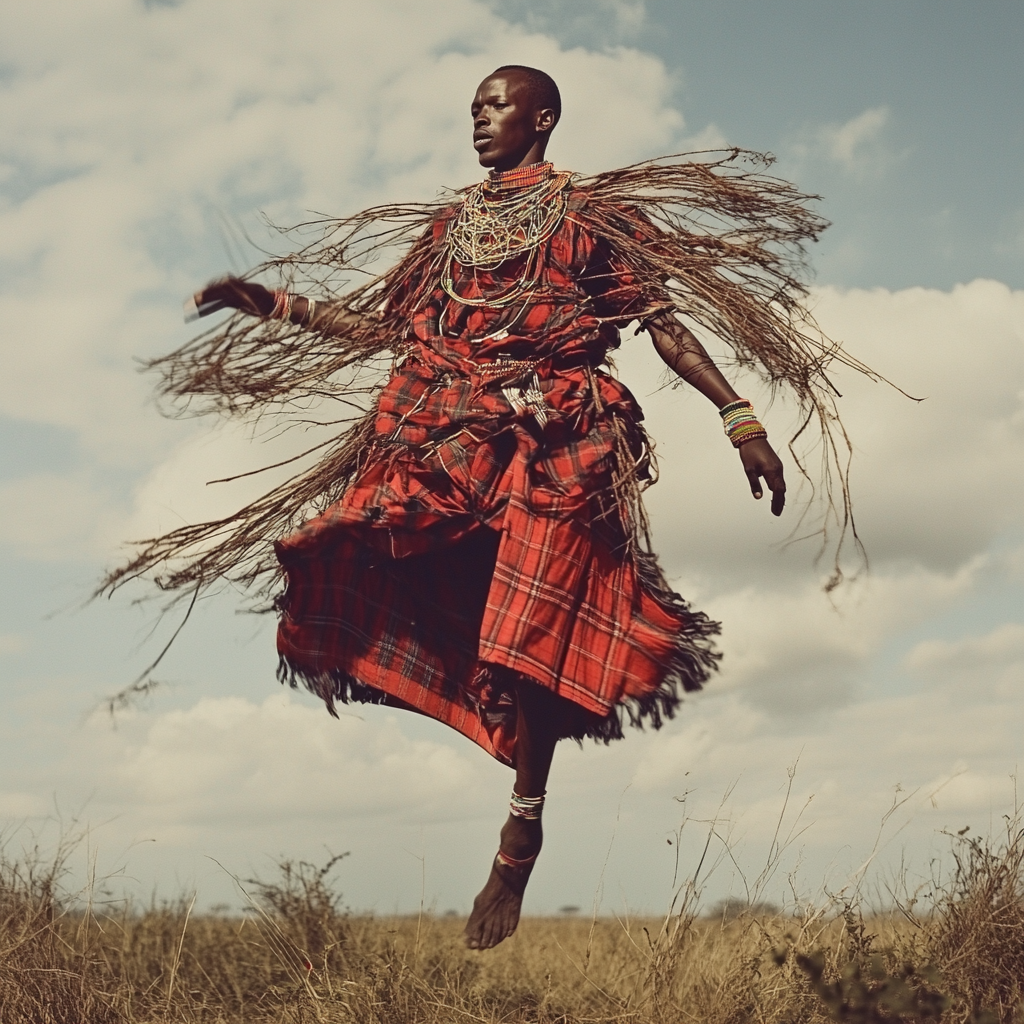 Maasai tribe skilled in traditional dance jumping high.