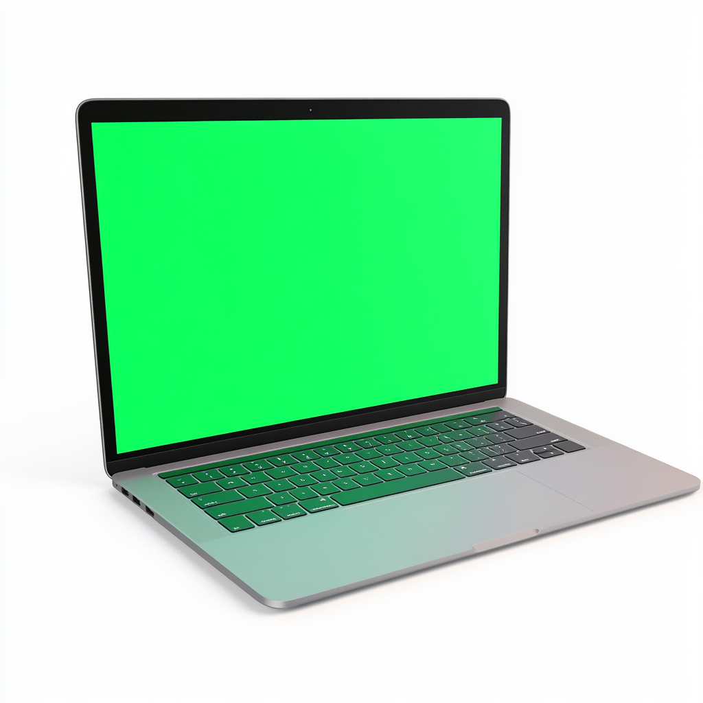 MacBook Pro with bright green screen on white background.