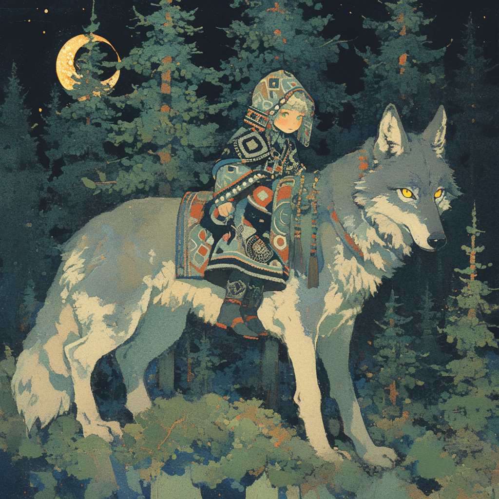 Macabre illustration of boy riding wolf in forest.