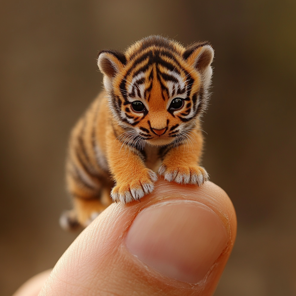 Macro photo of tiny tiger on human finger.