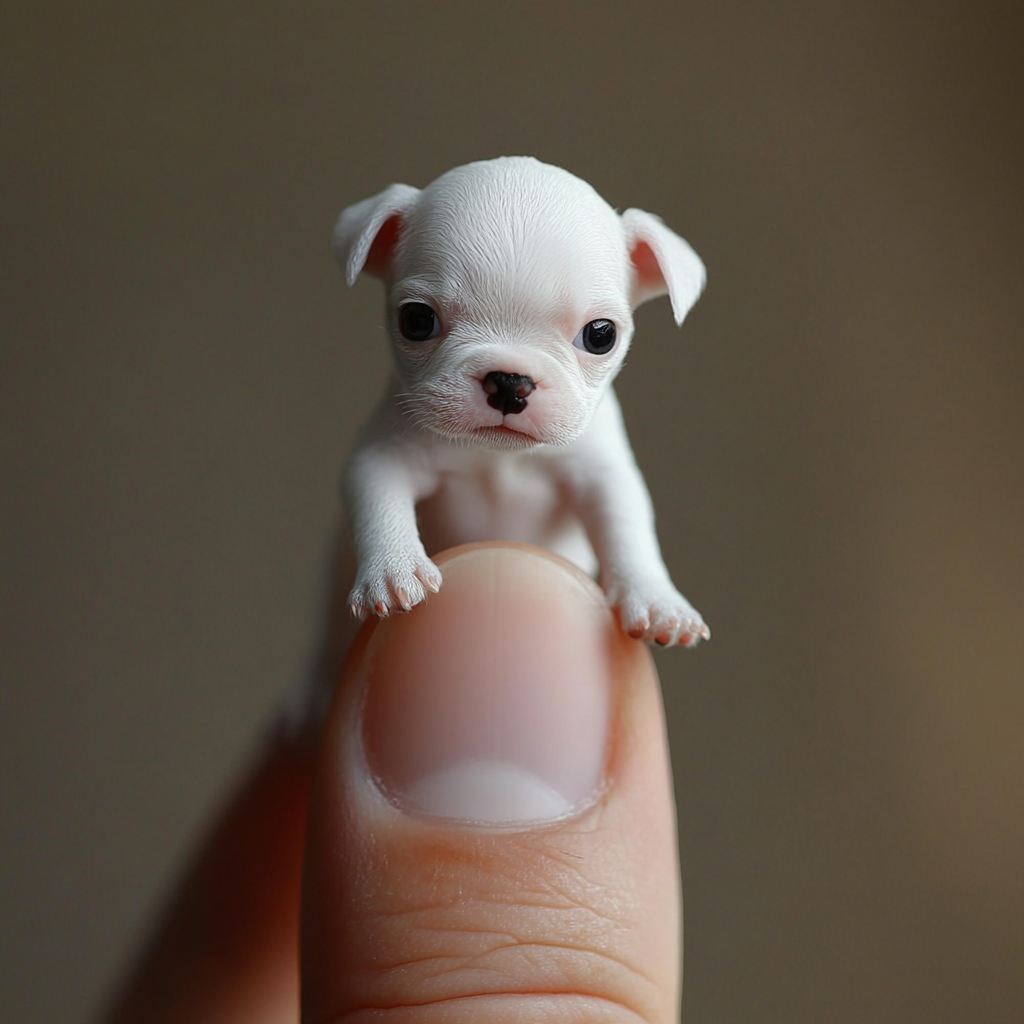 Macro photo of tiny white boxer dog on finger.