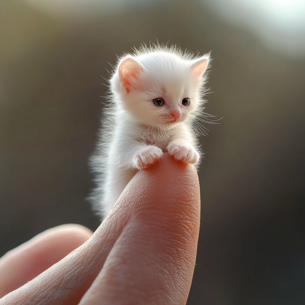 Macro photo of tiny white ragdoll kitten walking on finger.