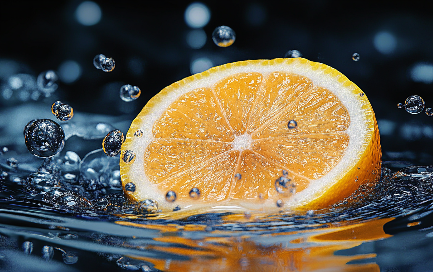 Macro-shot of lemon slice in sparkling water, high-detail contrast.