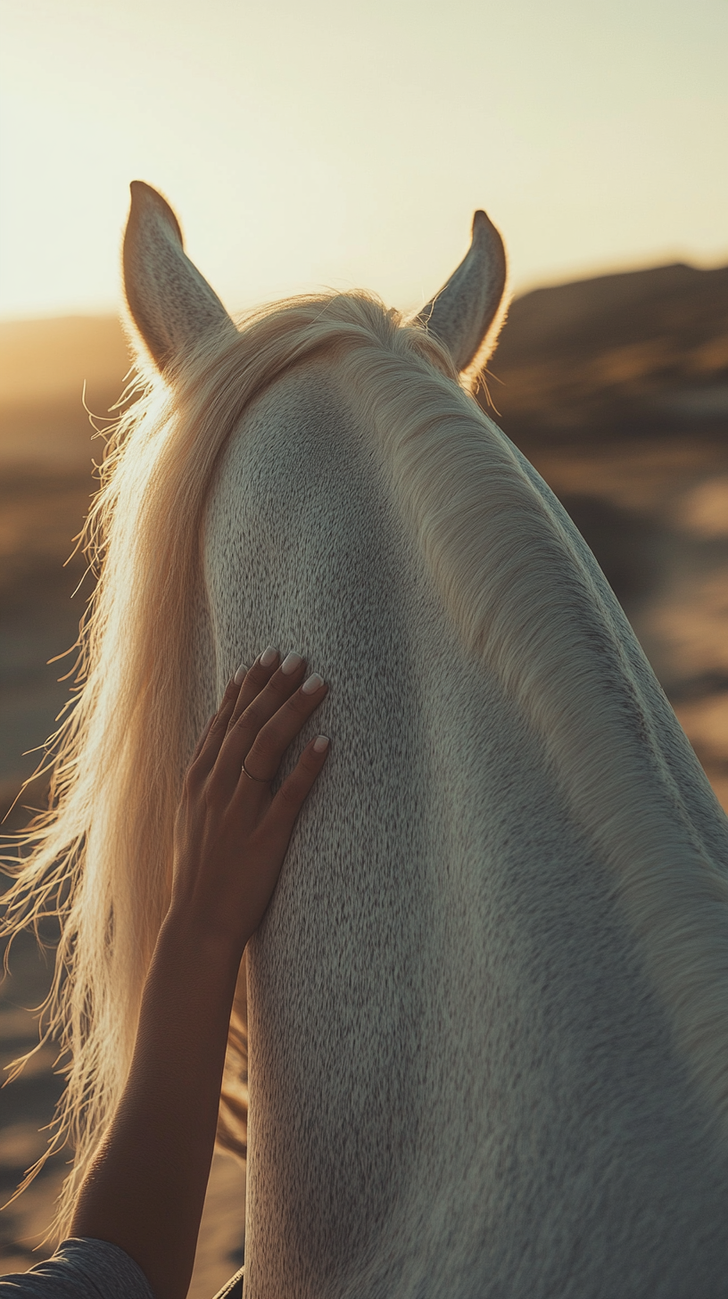 Macro view of female hands holding white horse.