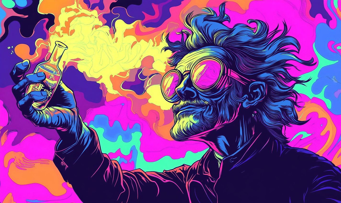 Mad scientist in sunglasses conducts colorful experiment in lab.