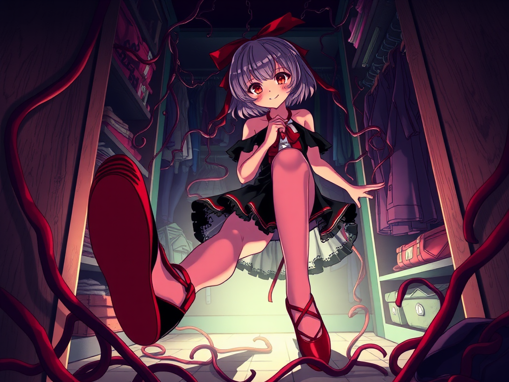 Madoka Kaname consumed by possessed ballet flats in closet.