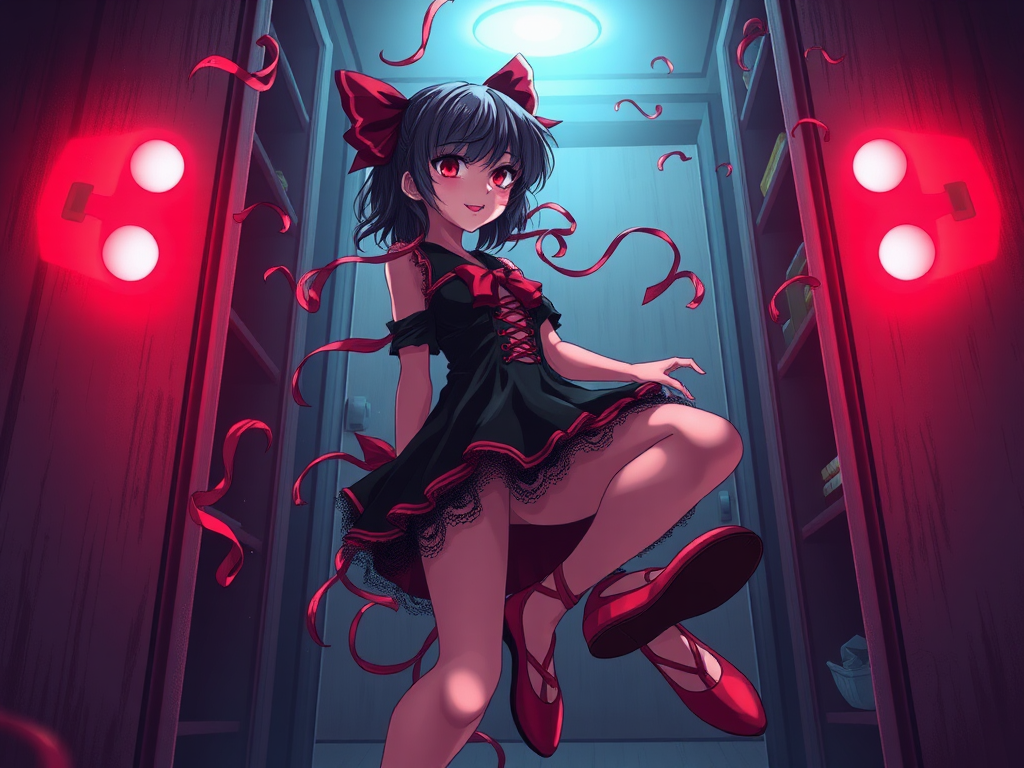 Madoka Kaname possessed by ghostly ballet flat shoes in closet.