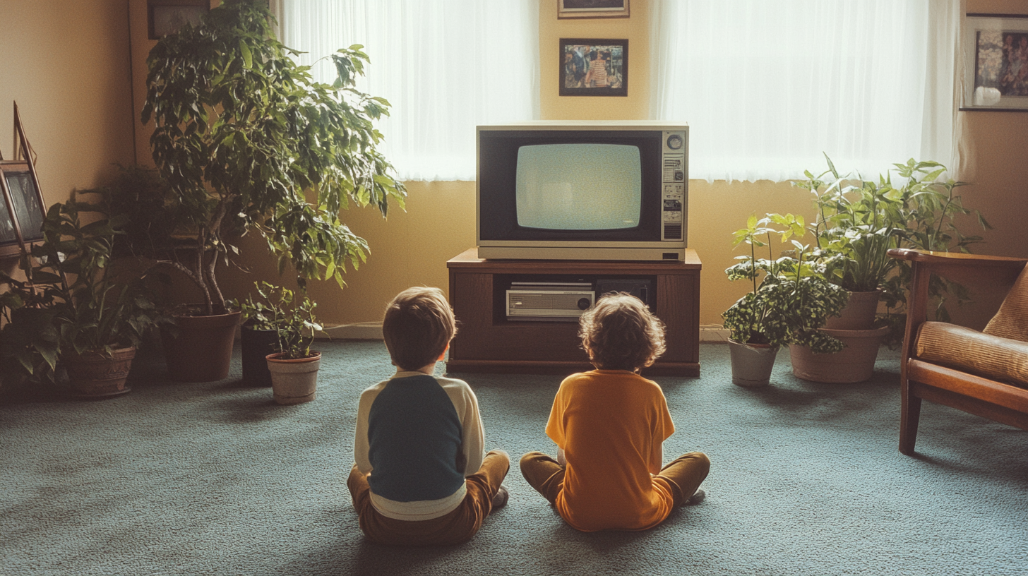 Magazine with suburban home living room, midcentury furniture, kids watching TV, and natural lighting.