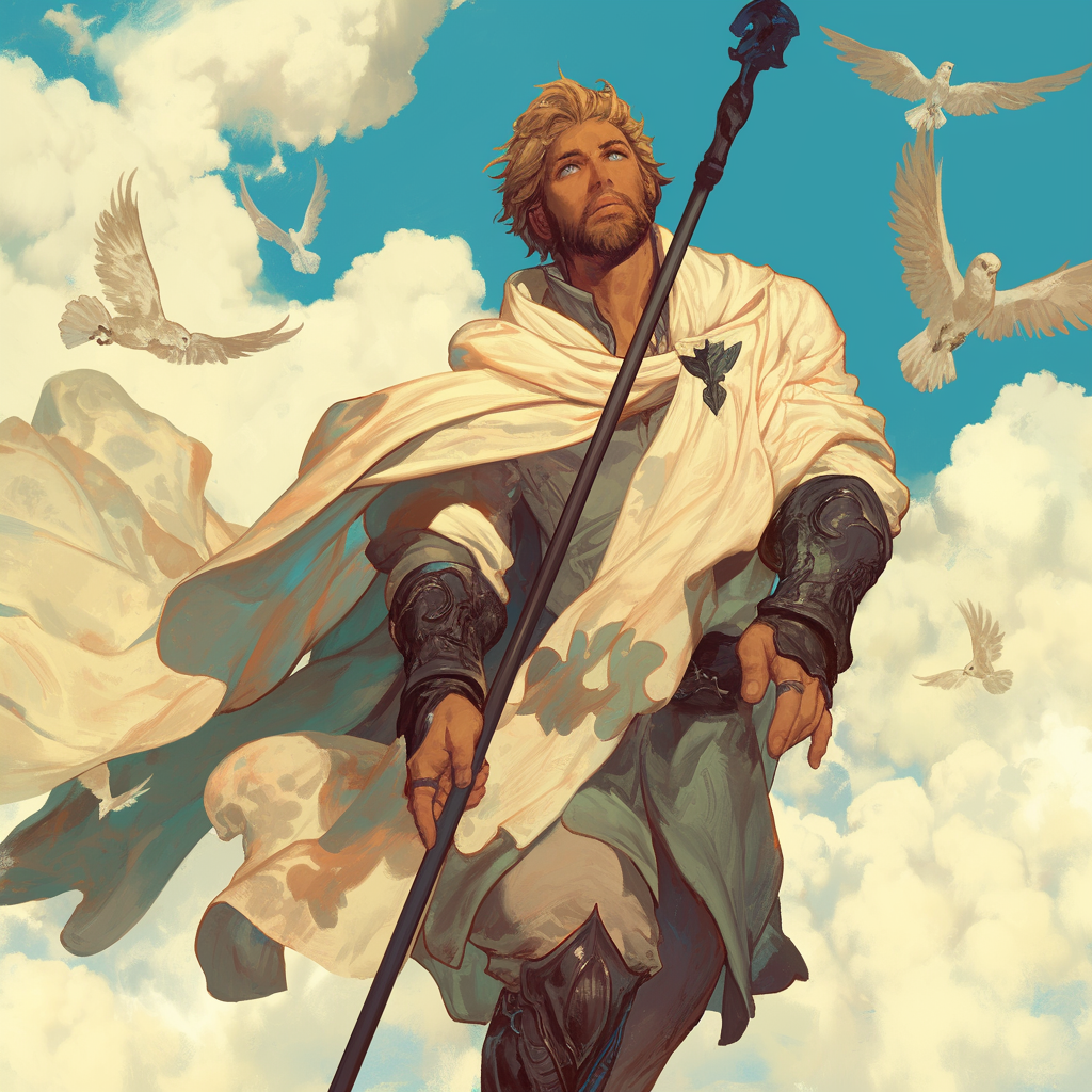 Mage man with staff in sky with birds.