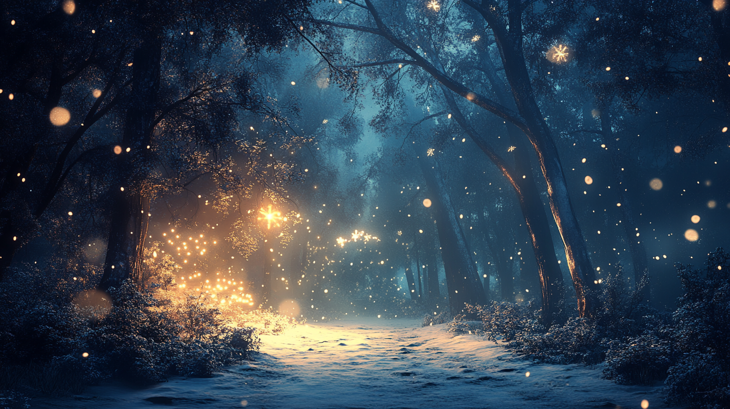 Magic Christmas event in dark forest, mysterious and beautiful.