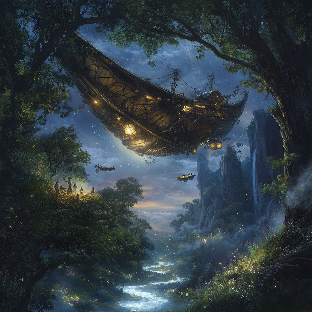 Magical Airship Gliding Over Enchanted Rainforest