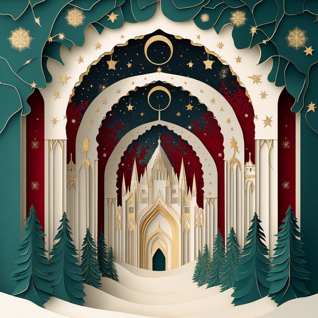 Magical Christmas scene in paper-cut-out design.