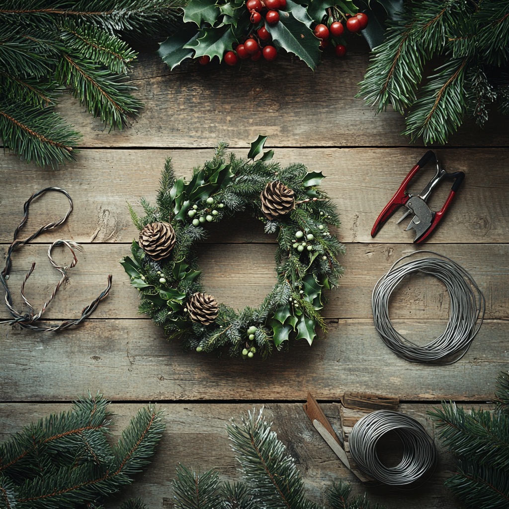 Magical Christmas wreath making workbench with festive decorations.