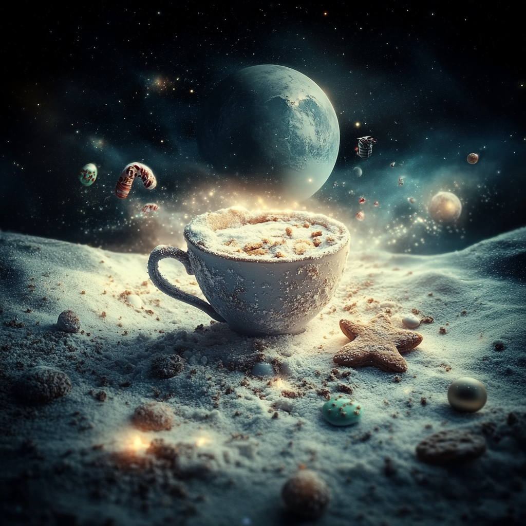 Magical Gingerbread Cup on Moon with Christmas Sweets