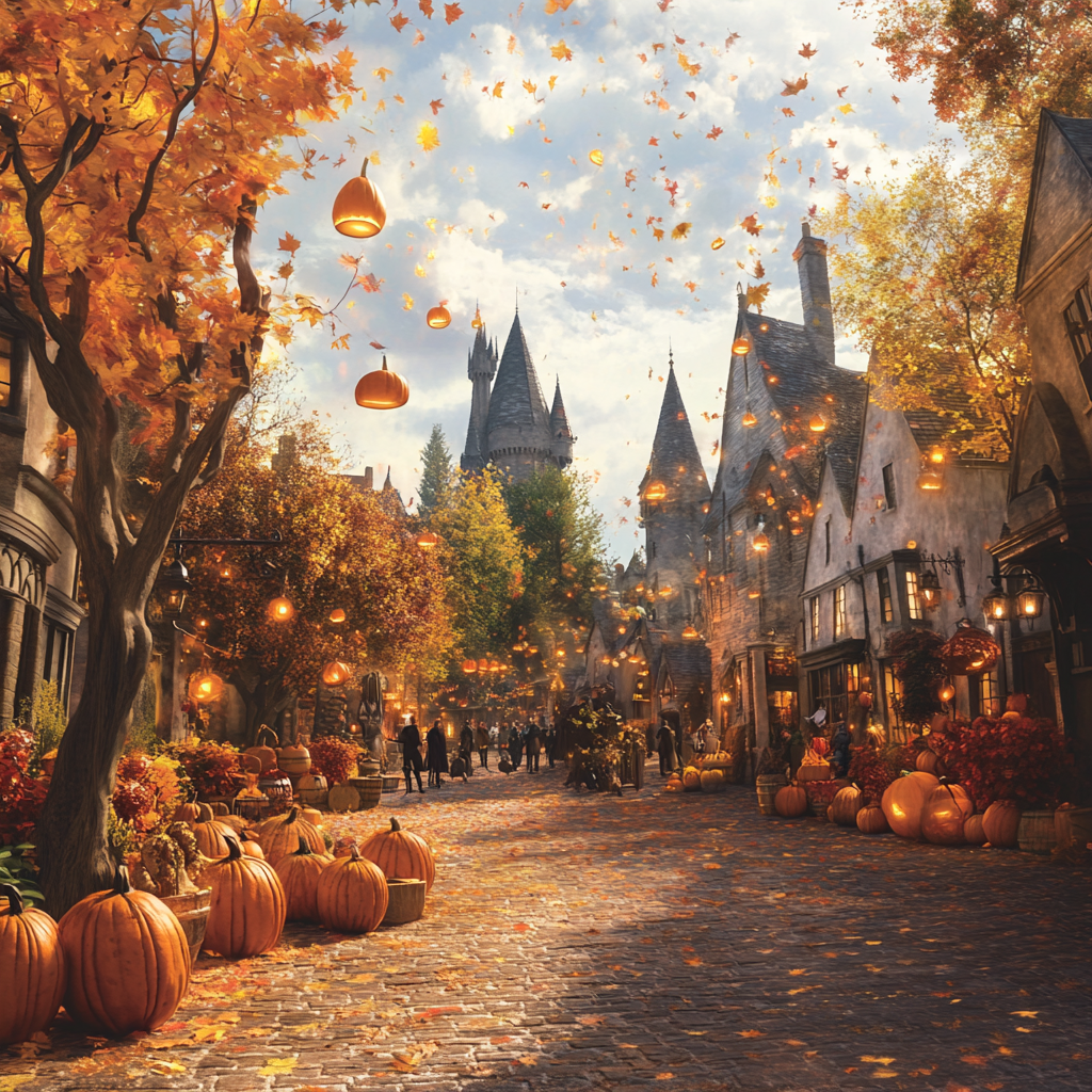 Magical Harry Potter autumn scene with pumpkin patches and wizards.