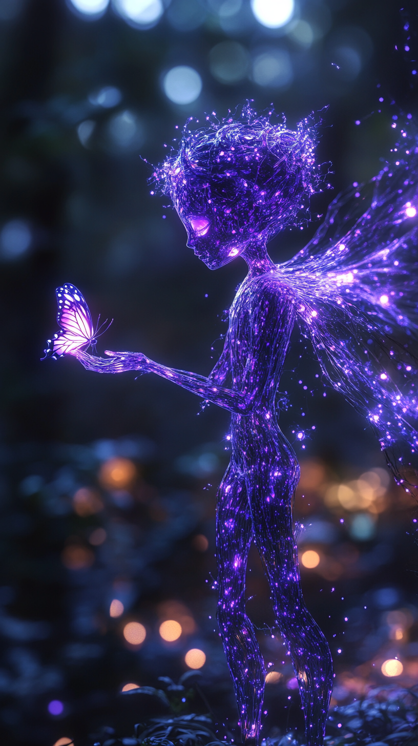 Magical Purple Figure Playing with Glowing Butterfly