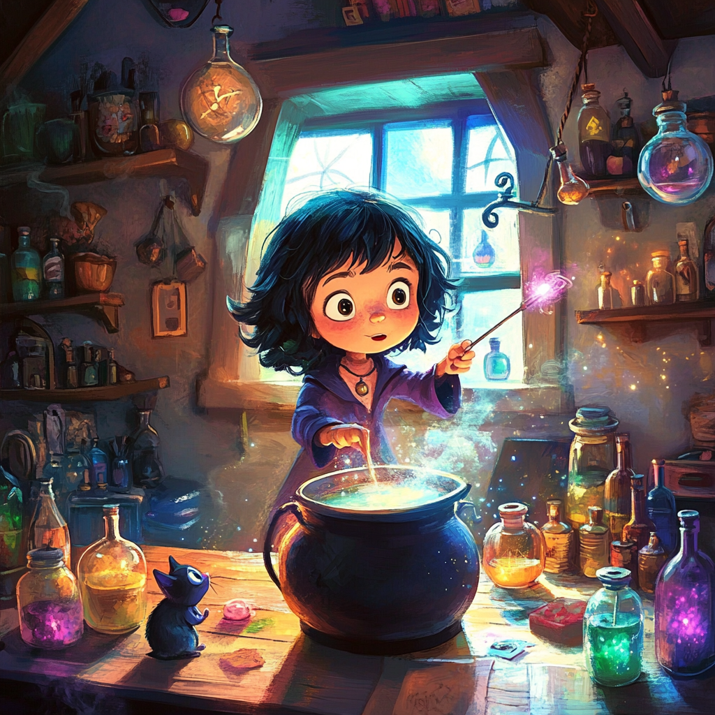 Magical Witch Mixing Potions in Enchanted House