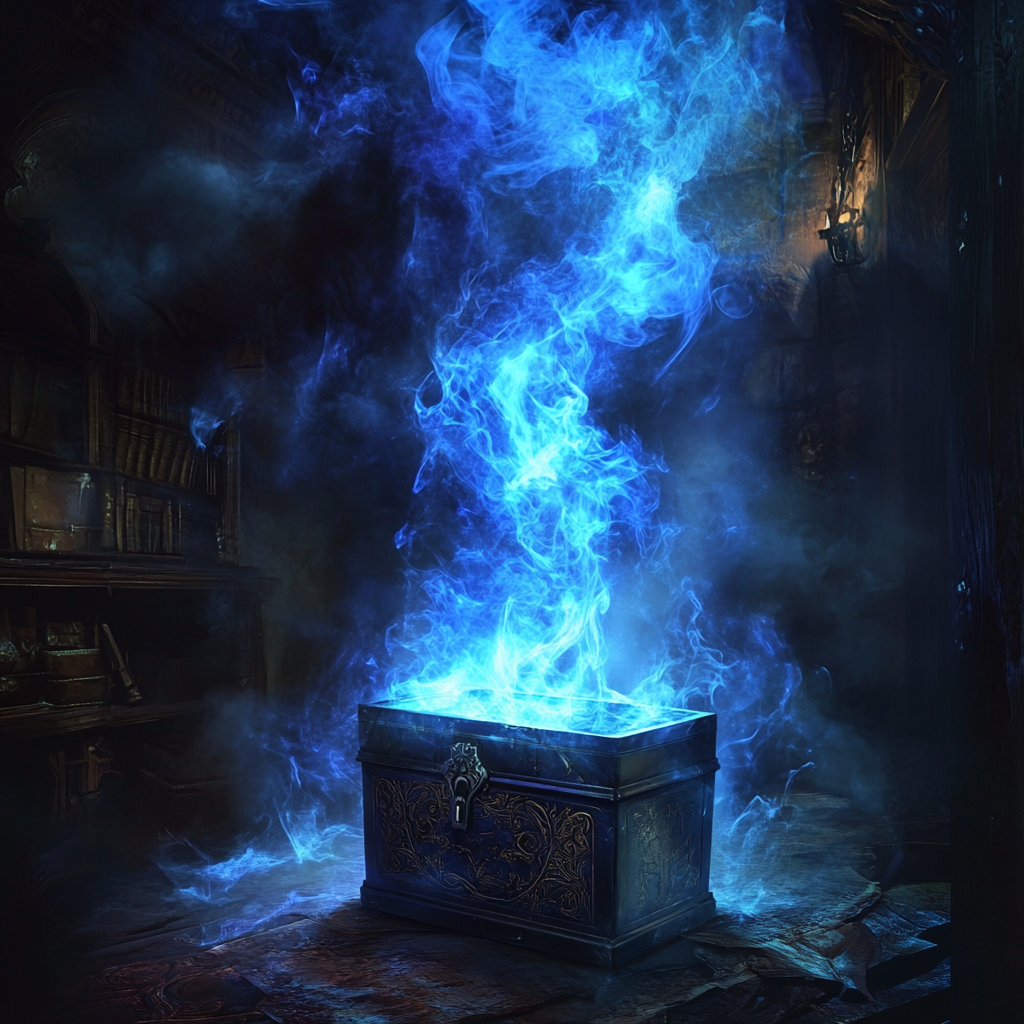 Magical chest with blue light reveals unknown powers.