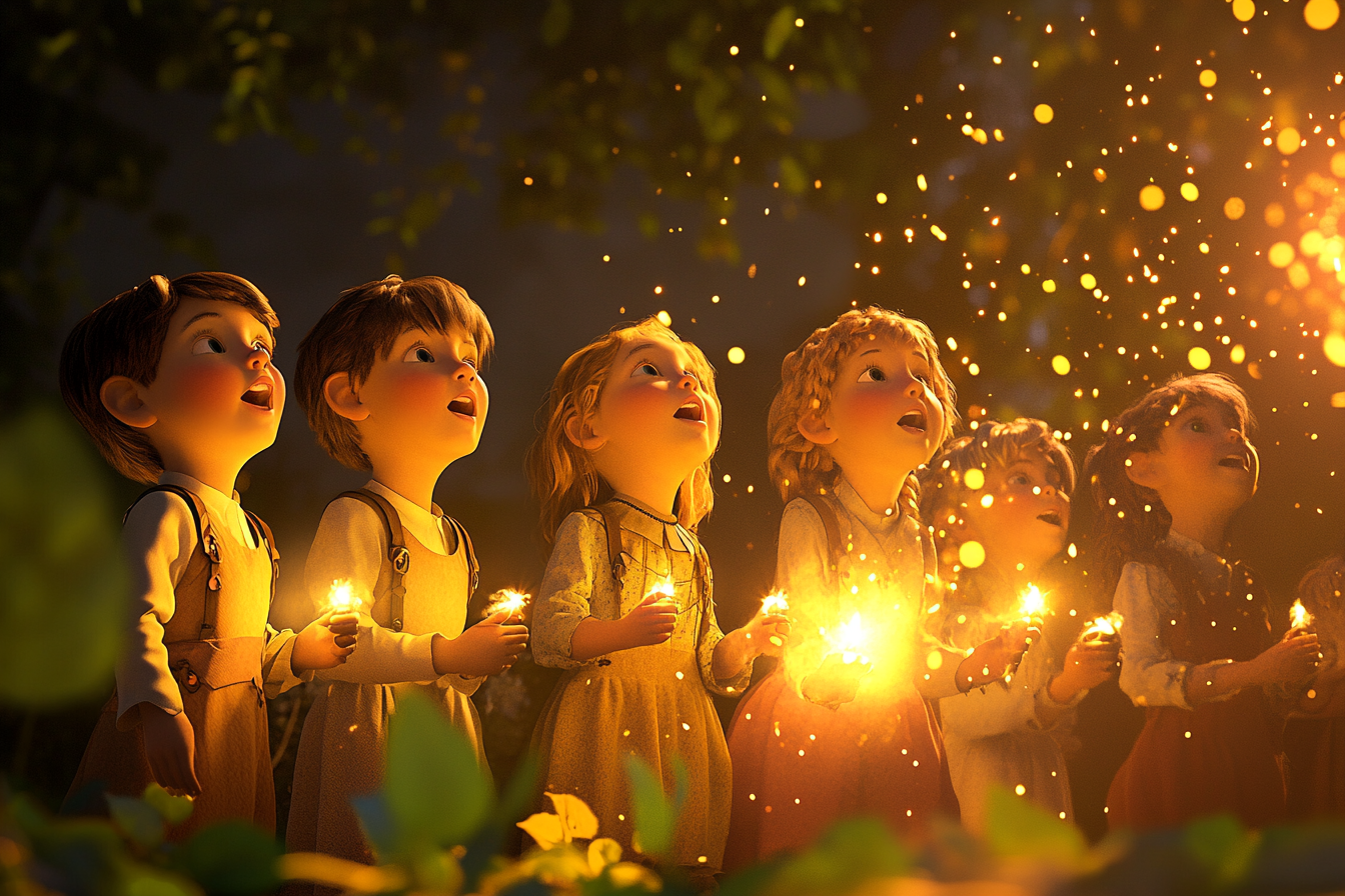 Magical children singing harmoniously, bringing light to darkness.