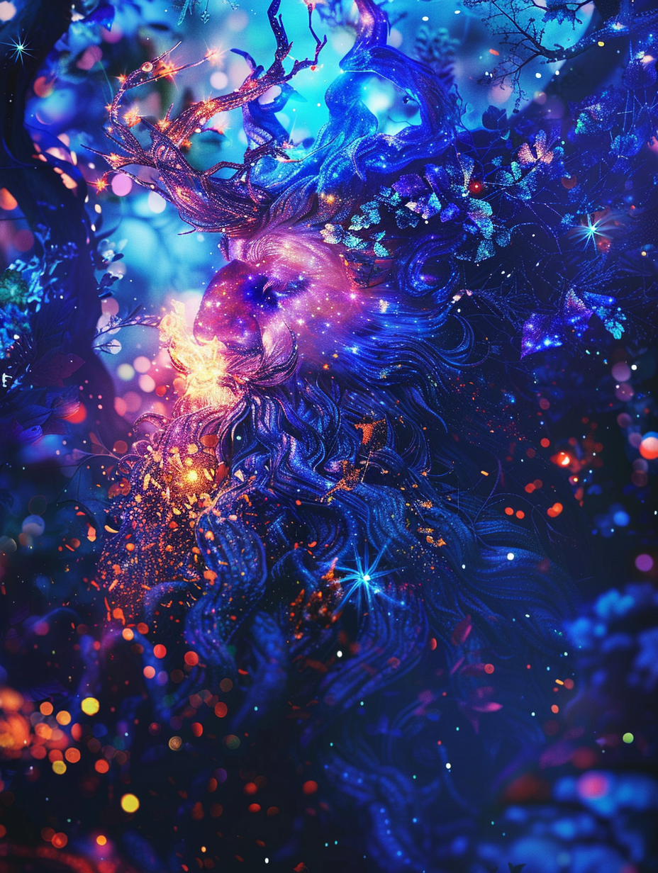 Magical forest spirit creates dazzling fire in galaxy.