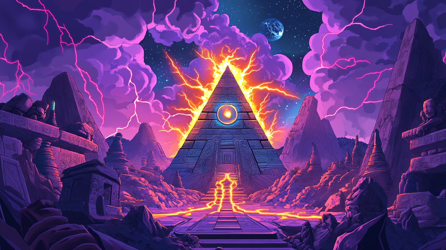 Magical futuristic pyramids with lightning power and aura