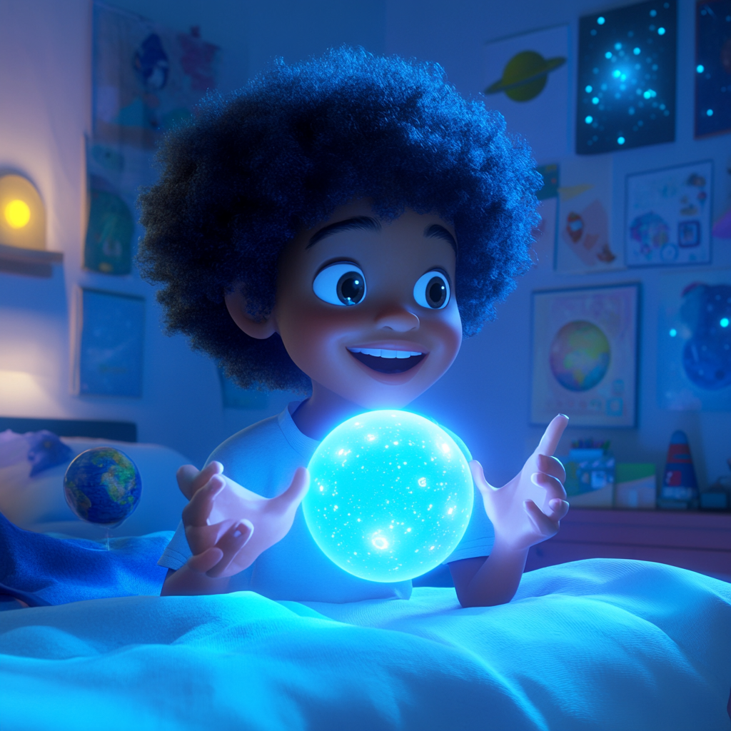 Magical moment: Boy with glowing blue sphere