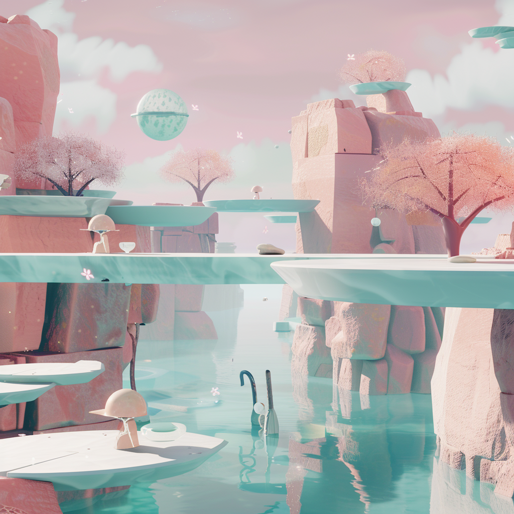 Magical open world videogame with pink and blue