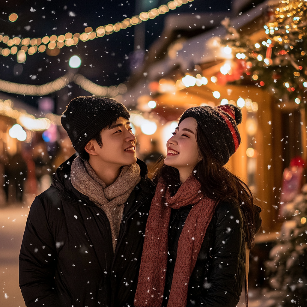 Magical snowy night in European-style town