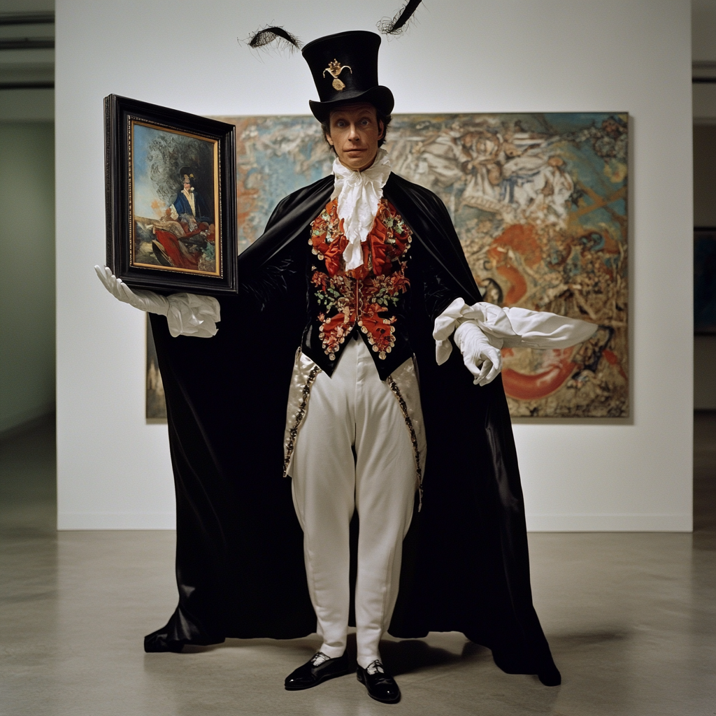 Magician in vintage costume pulls painting from top hat.