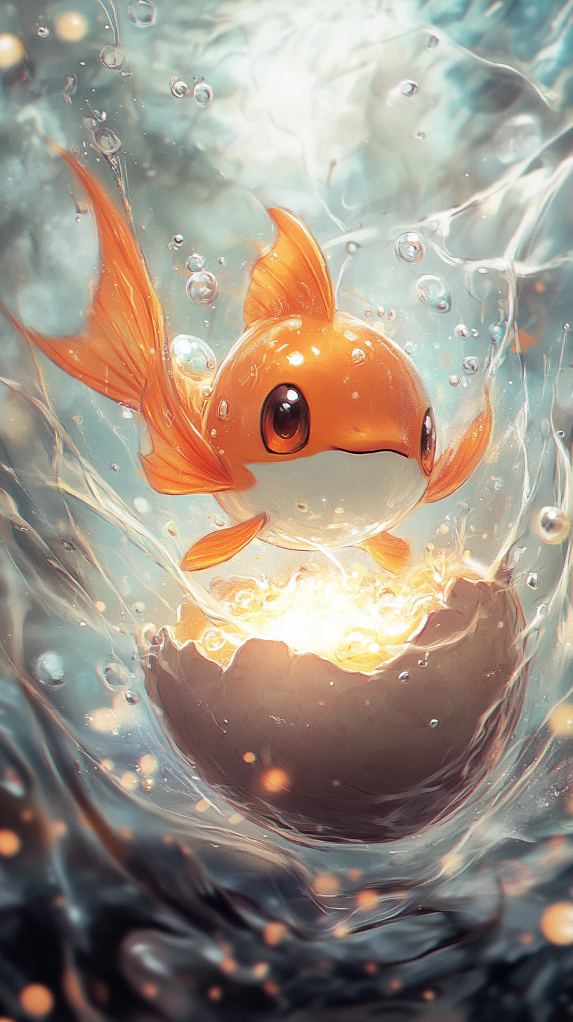 Magikarp hatches from egg, surrounded by glowing water droplets.