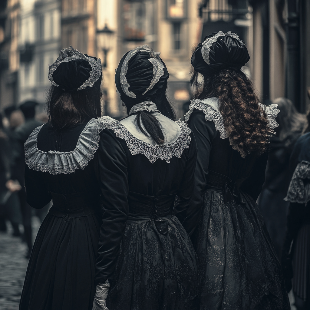 Maid girls walking through crowded London street.