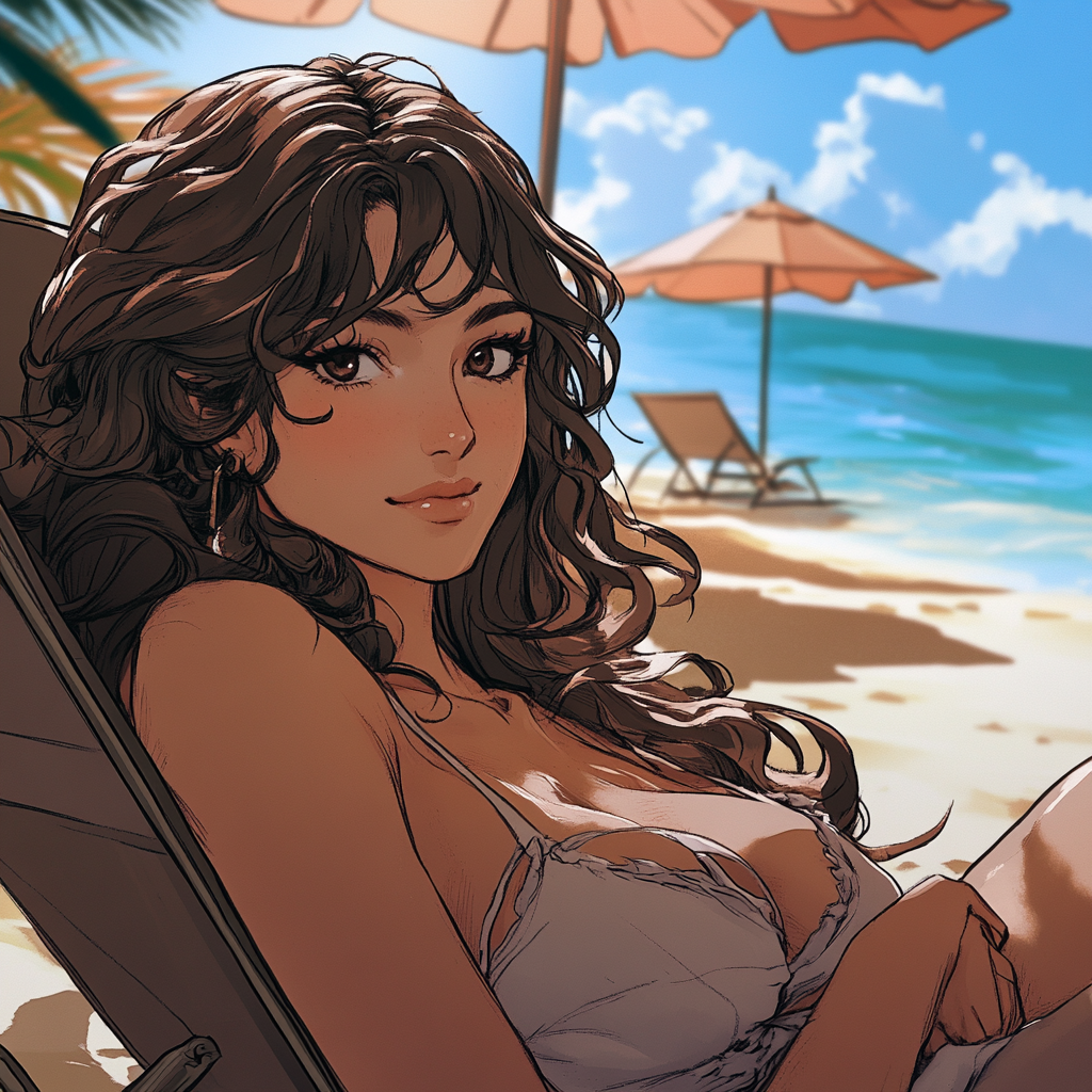 Main female character with long hair, dark eyes. Beach scene.