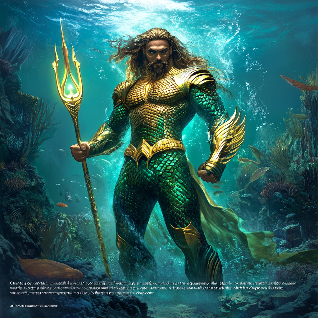 Majestic Aquaman superhero in ocean kingdom with glowing trident.