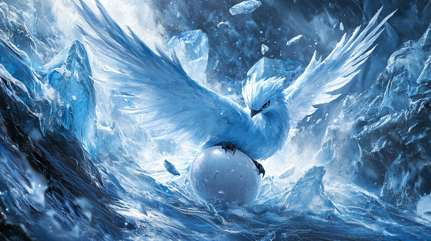 Majestic Articuno emerges from frosty egg on ice wallpaper.