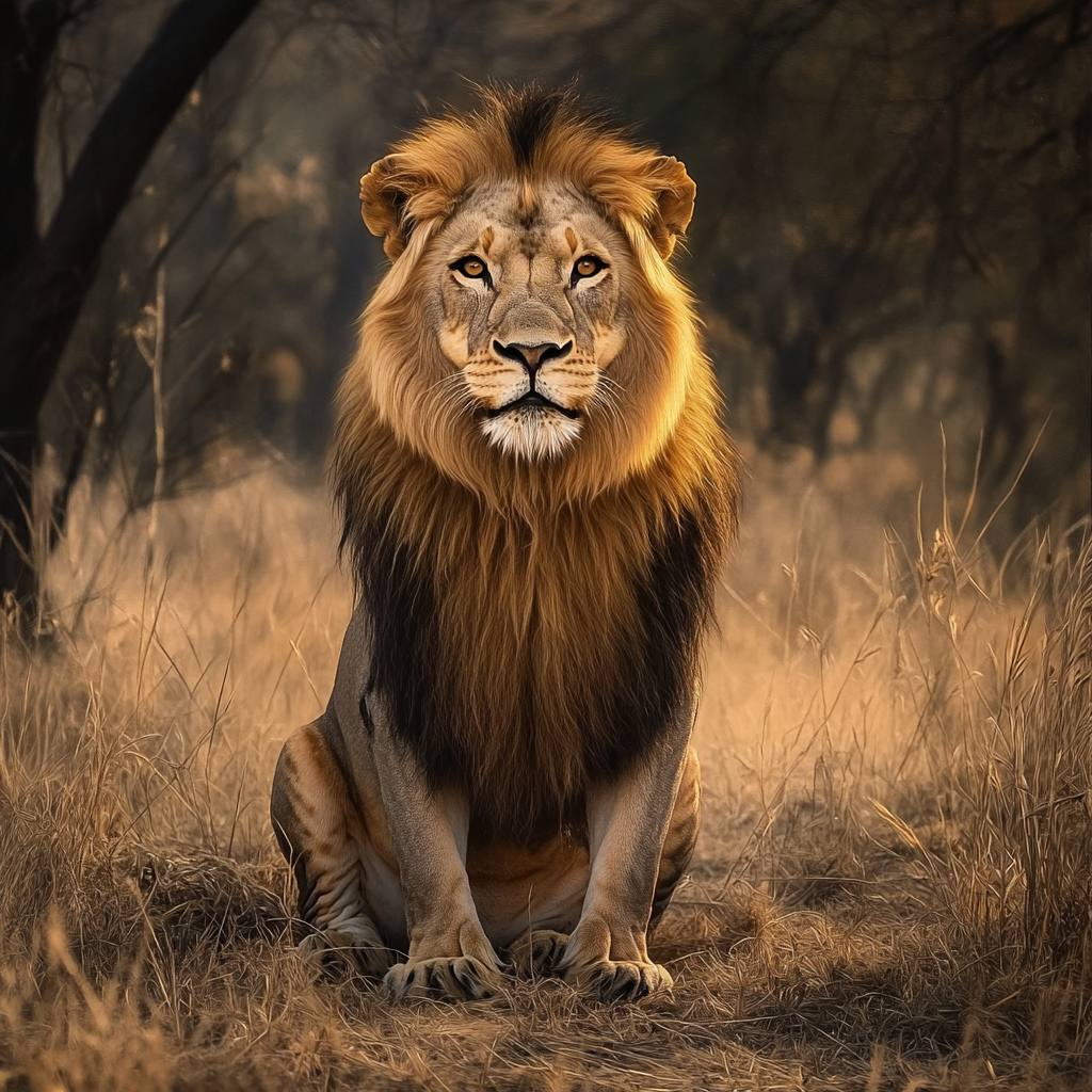 Majestic Asiatic Lion in Dry Grassland Forest: Artwork Painting