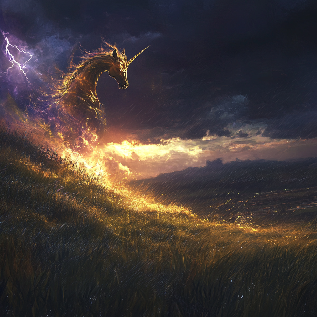 Majestic Capricorn emerges from storm in mystical sky scene.