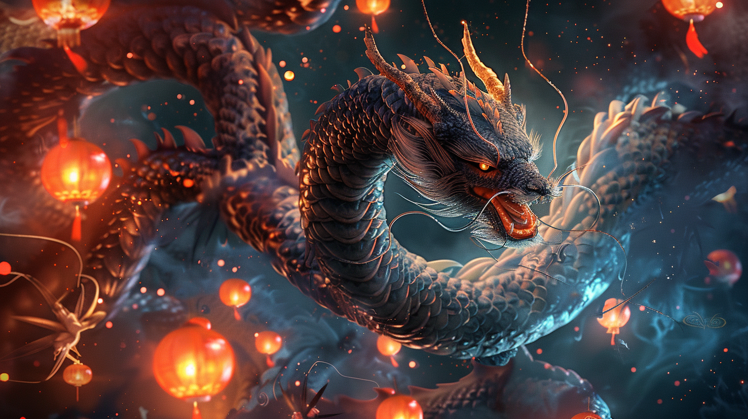 Majestic Chinese Dragon Soaring Through Night Sky